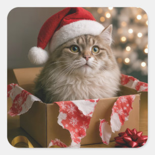 Kerstkat in een doos vierkante sticker