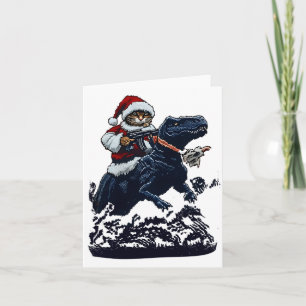 Kerstkat in kerstmuts met pistool en dinosaurus kaart