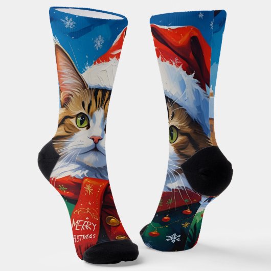 Kerstkat in kerstmuts sokken (Gebogen)
