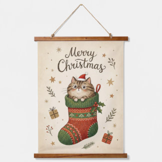 Kerstkat in Kous Hangend Wandkleed