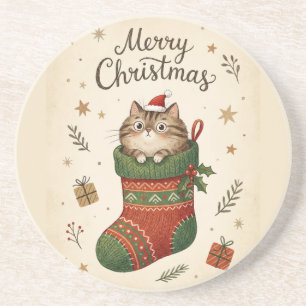 Kerstkat in Kous Zandsteen Onderzetter