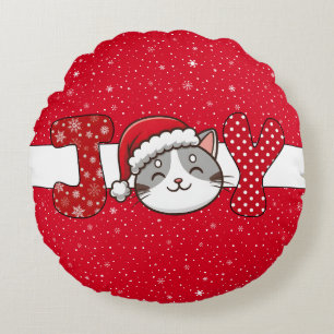 Kerstkat "JOY" Rood Wit Sneeuwvlok & Stippen Rond Kussen