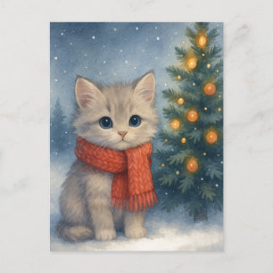 Kerstkat Kerstkaart Cute Kat in Rode Sjaal  Briefkaart