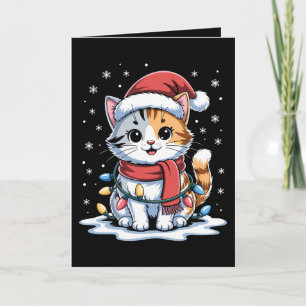 Kerstkat Kerstman Hoed Sjaal Lichten Sneeuw Kerstm Kaart