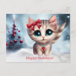 Kerstkat Kitten en Boom Kerstkaart Feestdagenkaart