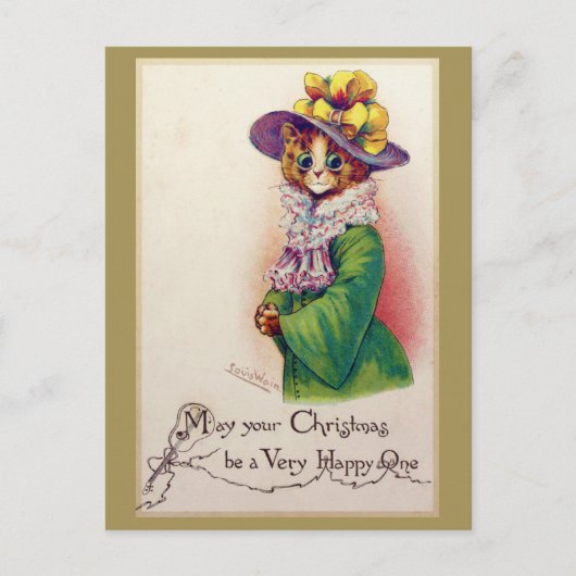 Kerstkat Lady, Louis Wain Briefkaart (Voorkant)