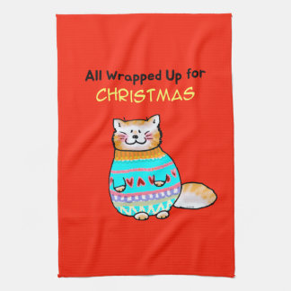 Kerstkat met een speelse kerstsfeer theedoek