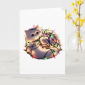 Kerstkat met kerstverlichting kaart (Gele Bloem)