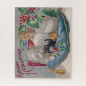 Kerstkat met Kittens  Victoriaans Legpuzzel (Verticaal)