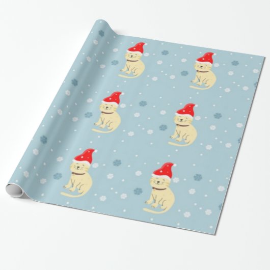 kerstkat met pet op blauw cadeaupapier (Uitgerold)