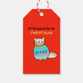 Kerstkat met speelse feestvreugde cadeaulabel