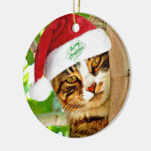 Kerstkat met tabbypatroon in een boom keramisch ornament (Links)