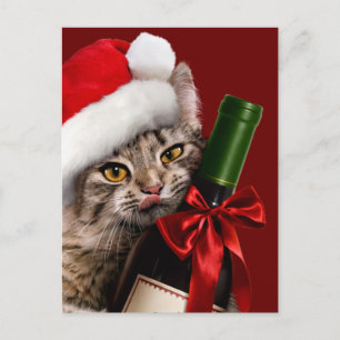 Kerstkat Met Wijnfles Uitnodiging Briefkaart