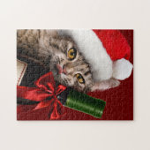 kerstkat met wijnflesje legpuzzel (Horizontaal)