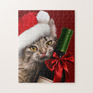 kerstkat met wijnflesje legpuzzel