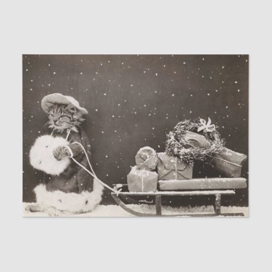 kerstkat Pulling a Sled of Cadeaus Tissuepapier (Voorkant)