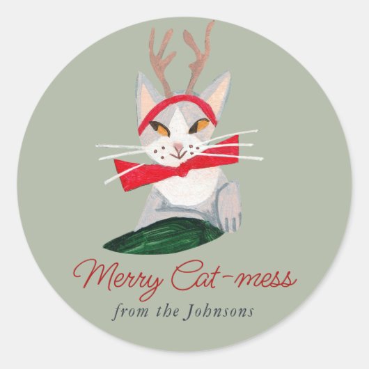 Kerstkat rendier Feestdag Ronde Sticker (Voorkant)