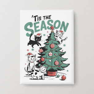 Kerstkat Retro Tis Het Seizoen Meowy Catmas  Button