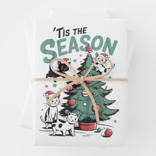 Kerstkat Retro Tis het Seizoen Meowy Catmas Inpakpapier Vel