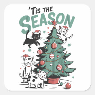 Kerstkat Retro Tis Het Seizoen Meowy Catmas Vierkante Sticker
