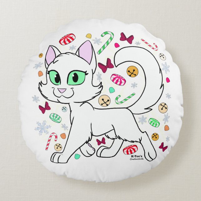 Kerstkat Ronde Kussen (Wit) (Voorkant)