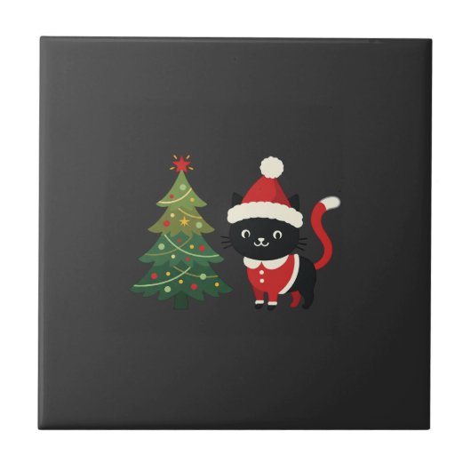Kerstkat Santa Boom Vector Tegeltje (Voorkant)