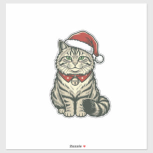 Kerstkat Santa-hoed Vintage Gravure Design_1 Sticker