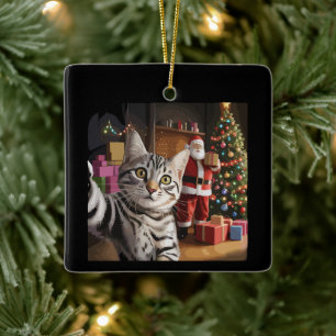 Kerstkat Selfie met Kerstman Schattige Feestdagen Keramisch Ornament