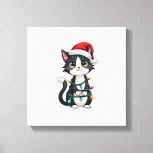 Kerstkat smoking zwarte kat xmas lichten poes c canvas afdruk