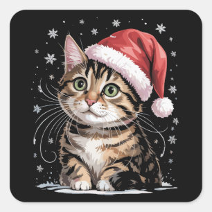Kerstkat Sneeuw Kerstman Hoed Winter Vierkante Sticker