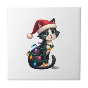 Kerstkat Tuxedo zwarte kat xmas lichten kitty c Tegeltje