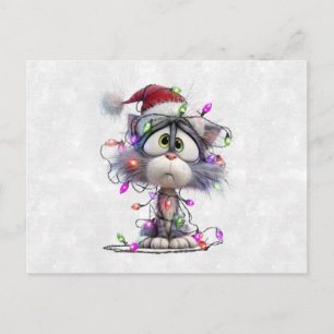 Kerstkat verstrikt in lichtjes briefkaart