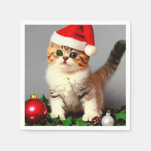 Kerstkatje in kerstmuts uit het verleden servet