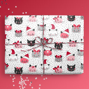 Kerstkatten met kerstmutsen cadeaupapier