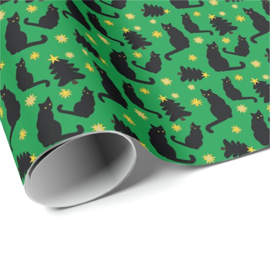 Kerstkattenstaren en -bomen cadeaupapier (Rol Hoek)