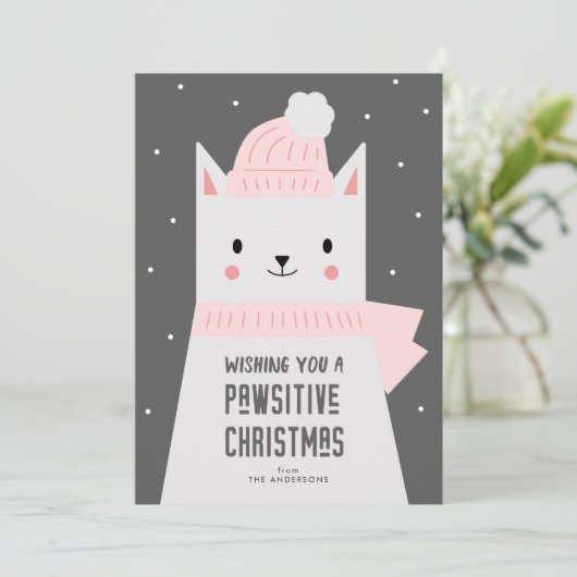 Kerstkattenwoordspeling, Schattige Kat Pawsitive Feestdagenkaart (Staand voorkant)