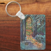 Kerstkerk in vintage stijl met glas-in-loodraam sleutelhanger (Voorkant)