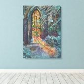 Kerstkerkkerk met Glas in lood raam Canvas Afdruk (Insitu (Houten vloer))