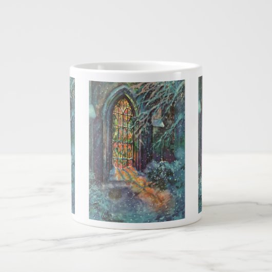 Kerstkerkkerk met Glas in lood raam Extra Grote Mok (Voorkant)