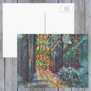 Kerstkerkkerk met Glas in lood raam Feestdagenkaart