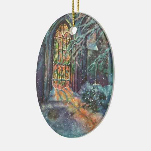Kerstkerkkerk met Glas in lood raam Keramisch Ornament (Links)