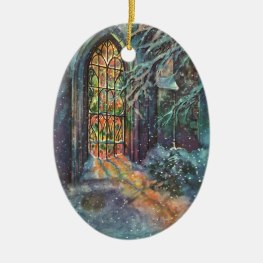 Kerstkerkkerk met Glas in lood raam Keramisch Ornament (Voorkant)