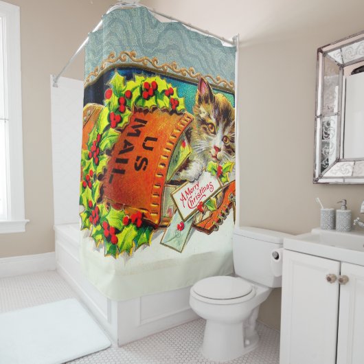  kerstkerst met kat douchegordijn (In situ)