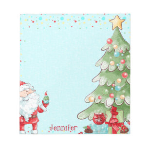 Kerstkerstkerstman en Boom Whimsical w Name Gift Notitieblok