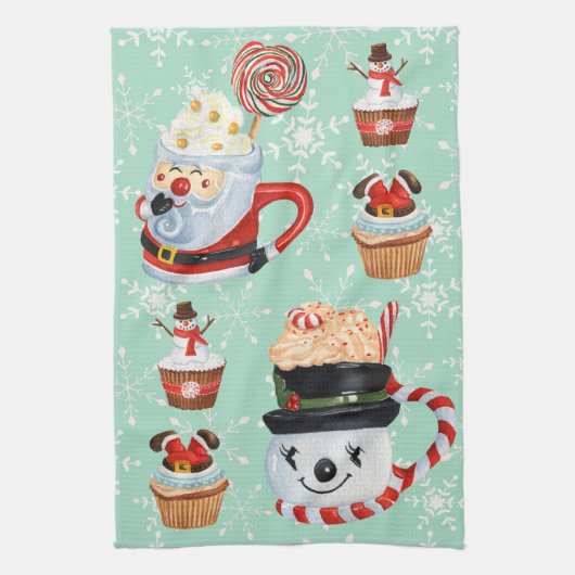 Kerstkerstkerstman en Snowman Hot Cocoa & Cupcakes Theedoek (Verticaal)