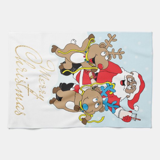 Kerstkerstkerstman met kleur en rendieren theedoek (Horizontaal)