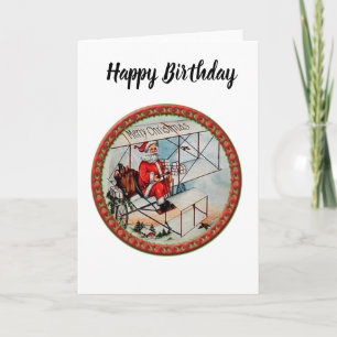 Kerstkerstman die een oud vliegtuig vliegt feestdagen kaart