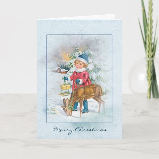 kerstkind en hert in sneeuw feestdagen kaart (Voorkant)