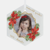 Kerstkind Foto van Poinsettia Pine Gold Script Glas Ornament (Achterkant)