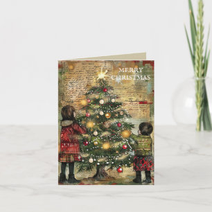 Kerstkind Vintage Versiert Kerstboom Feestdagen Kaart